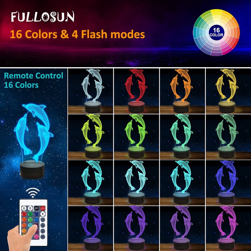 FULLOSUN Night Light for Kids Ocean Dolphin 3D Night Light Porpoise Bedside Lamp with Remote Control 16 Color Changing Xmas Halloween Birthday Gift for Child Baby Girl - Image 2